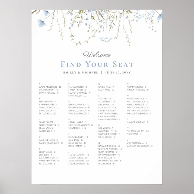 Blaue Wildblume Periwinkle Hochzeitstabelle Poster (Vorne)
