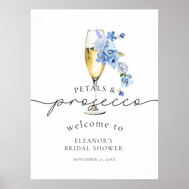 Blaue Wildblume Petals & Prosecco Brautparty Poster (Vorne)