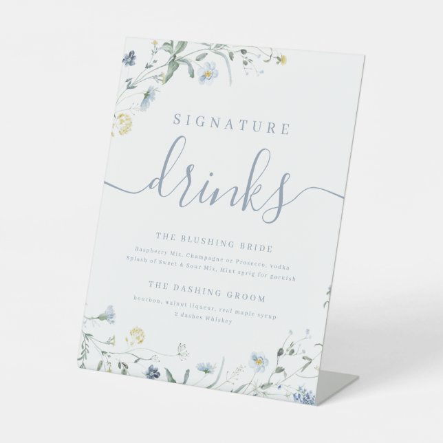 Blaue Wildblume rustikale Hochzeitspass Getränke Sockelschild (Vorderseite)