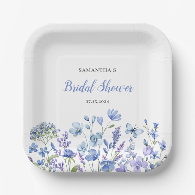 Blaue Wildblume Wasserfarbe Brautparty Pappteller (Vorderseite)