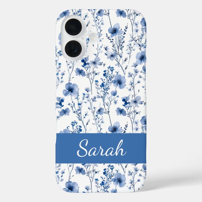 Blaue Wildblumen-Aquarell-Blumenmuster Name Case-Mate iPhone Hülle (Rückseite)