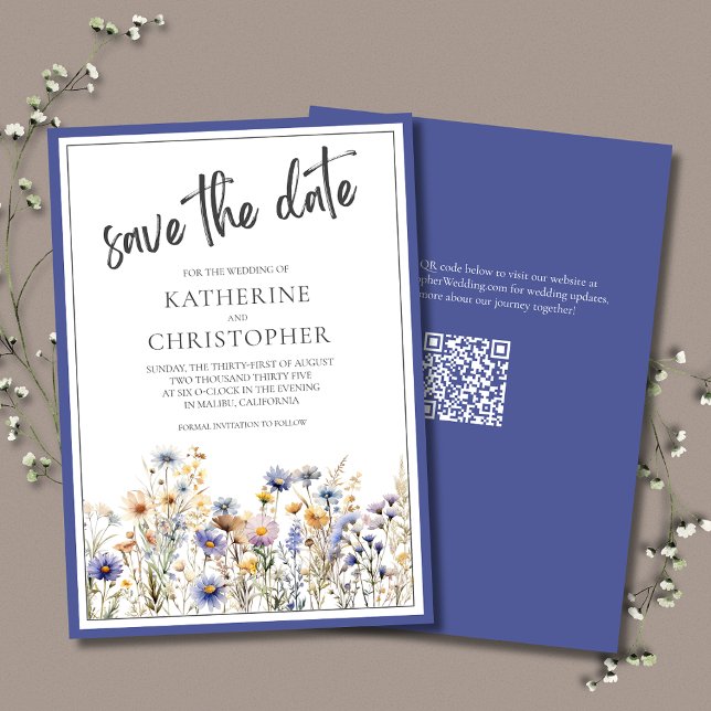 Blaue Wildblumen Blumenstrauß Moderne Kunst, Dicht Save The Date (Blue Wildflowers Wedding Save The Date card with QR code for wedding website.)