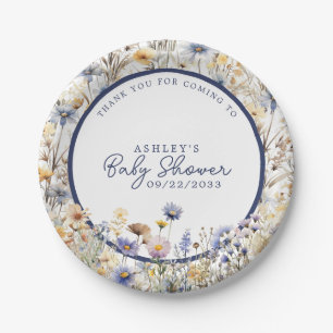 Blaue Wildblumen Boho Aquarell Babyparty Pappteller