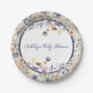 Blaue Wildblumen-Boho personalisierte Babyparty Pappteller