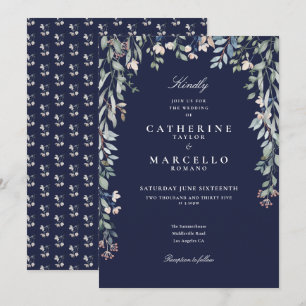 Blaue Wildblumen-Hochzeit mit floraler Begrünung Einladung