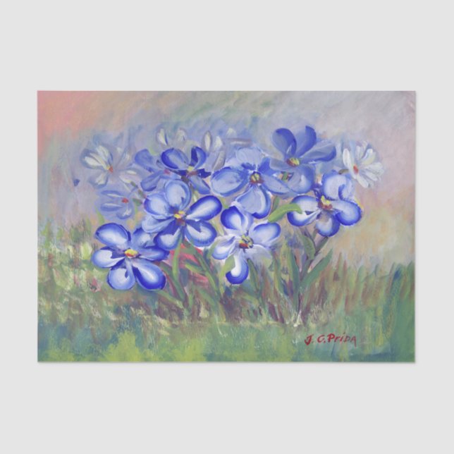 Blaue Wildblumen in einer Feld-feine Kunst-Malerei Seidenpapier (Vorderseite)