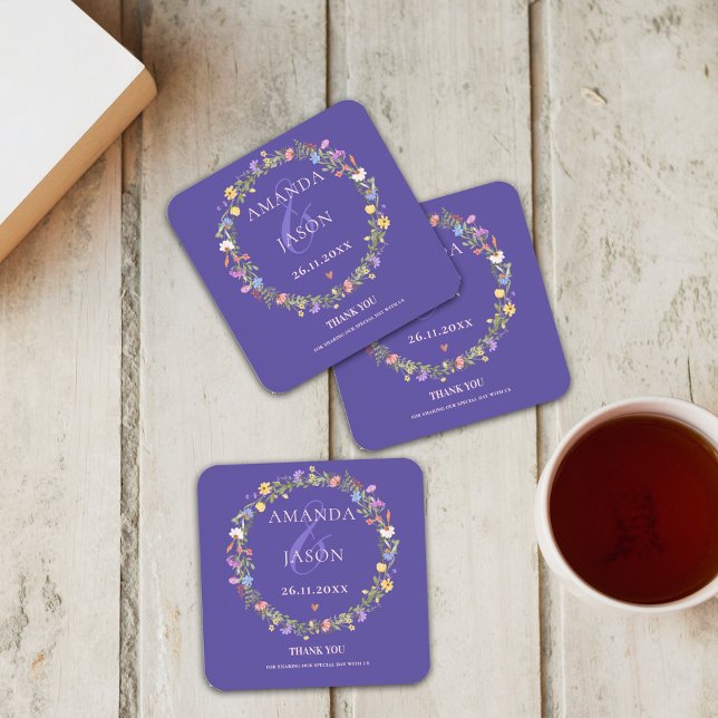 Blaue Wildblumen Lila-Gelbe Blumenhochzeit Getränkeuntersetzer (Von Creator hochgeladen)