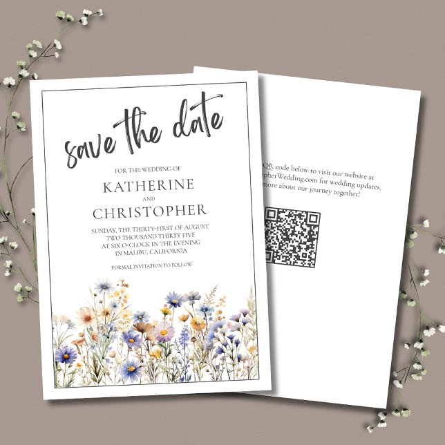 Blaue Wildblumen Moderne Elegante Hochzeit mit Blu Save The Date (Blue Wildflowers Wedding Save The Date card with QR Code for wedding website.)