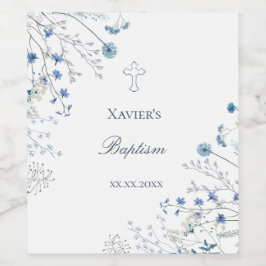 blaue Wildblumen Taufe Weinetikett