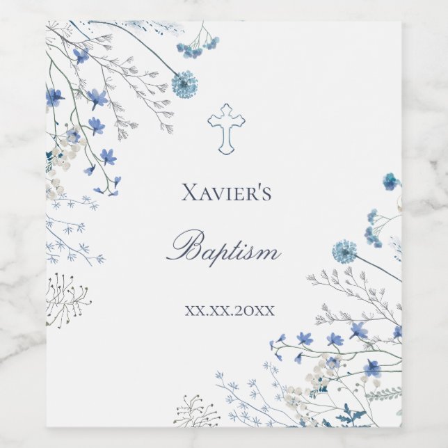 blaue Wildblumen Taufe Weinetikett (Einzelnes Label)
