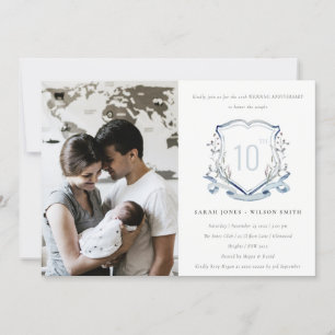 Blaue Wildblumen-Wappen-Foto-Hochzeit-Jubiläum Einladung