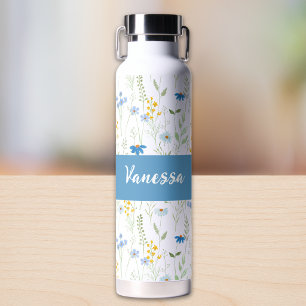 Blaue Wildblumen-Wasserfarbe-Monogramm-Name Trinkflasche