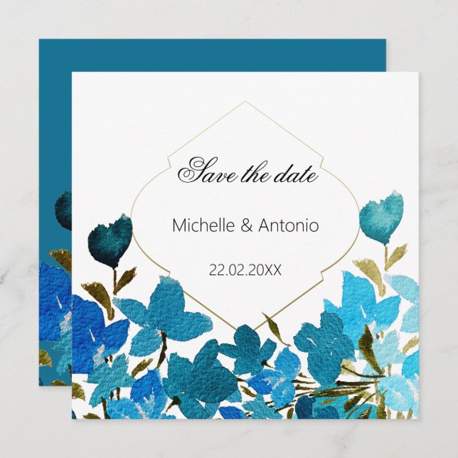 Blaue Wildblumen Wasserfarben Kunst, Dichtung und  Save The Date (Vorne/Hinten)