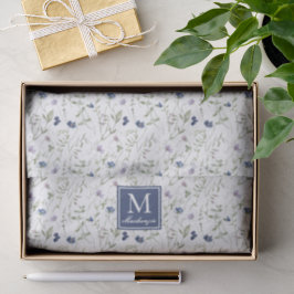 Blaue Wildblumen-Wasserfarben-Monogramm-Name Seidenpapier