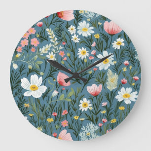 Blaue Wildblumen-Wiesen-Cottagecore-Blumenmuster Große Wanduhr
