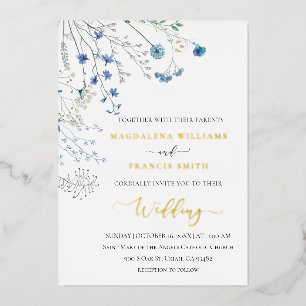blaue Wildblumen Winterhochzeit Folieneinladung