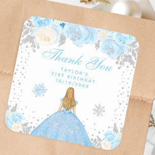 Blaue Winter Blondhaar Prinzessin Geburtstagsfeier Quadratischer Aufkleber