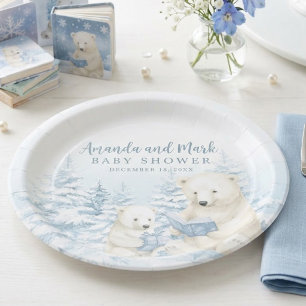 Blaue Winter-Eisbär-Aquarell-Baby-Party Pappteller