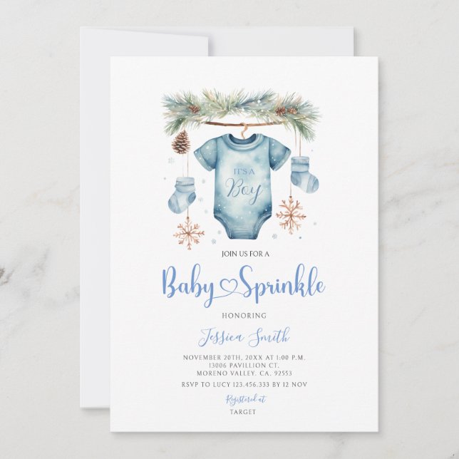 Blaue Winter-Es-ist-ein-Junge-Babysachen Baby Spri Einladung (Vorderseite)