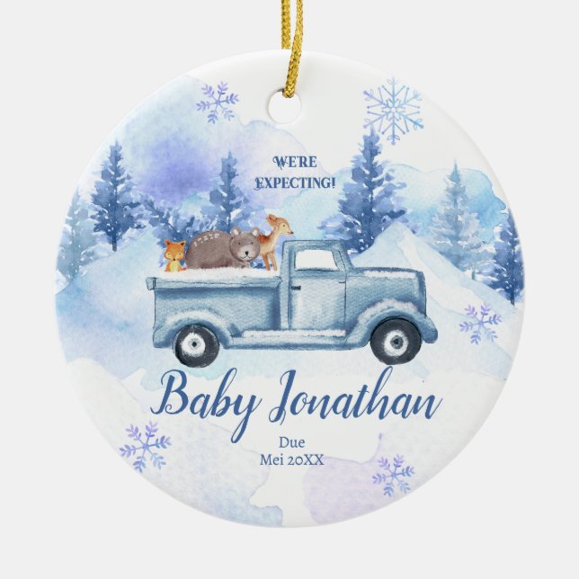 Blaue Winter LKW-Tier erwarten Eltern Keramik Ornament (Vorne)