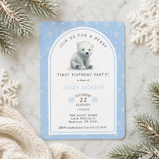 Blaue Winter-Polarbär-Beary-1.-Geburtstagsfeier Einladung