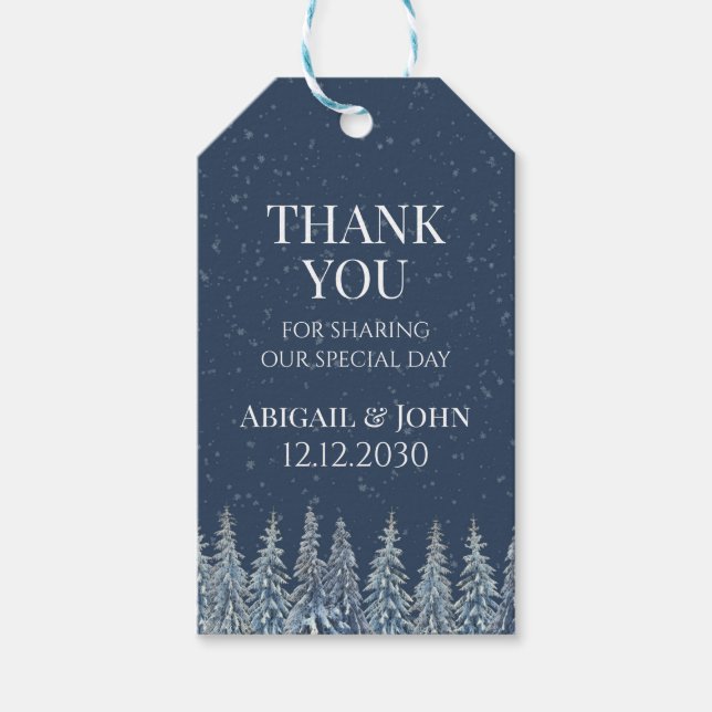 Blaue Winter-Schnee-Wald-Hochzeit Danke Geschenkanhänger (Vorderseite)