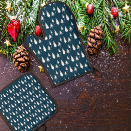 Blaue Winterbäume Ofenhandschuh & Topflappen-Set