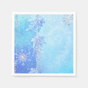 Blaue Winterblätter und Schneeflocken Elegante Par Serviette