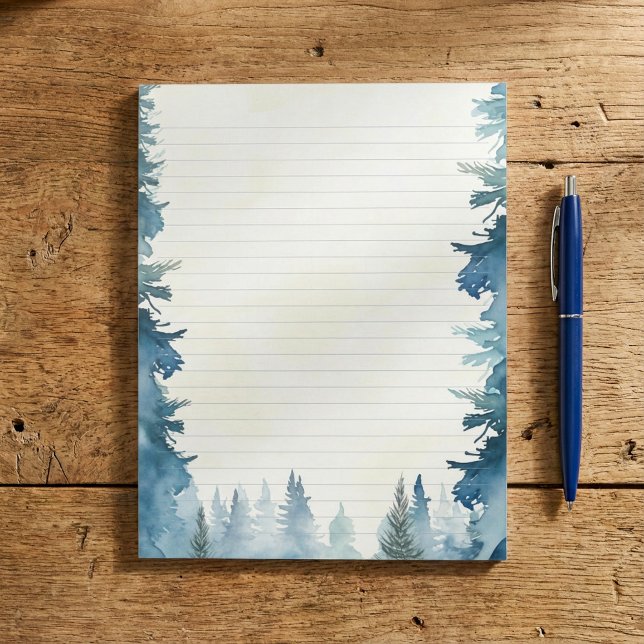 Blaue Winterkiefern mit Notizblock (Blue winter pine trees lined notepad.)