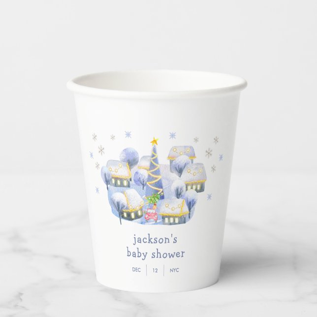 Blaue Winternacht-Schneebaby-Party  Pappbecher (Vorderseite)