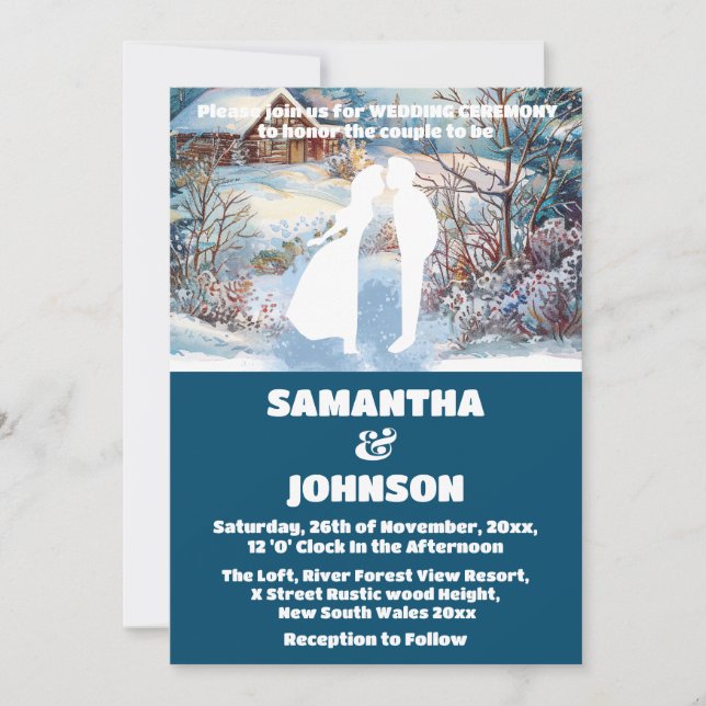 Blaue Winterwaldlandschaft Hochzeit Einladung (Vorderseite)
