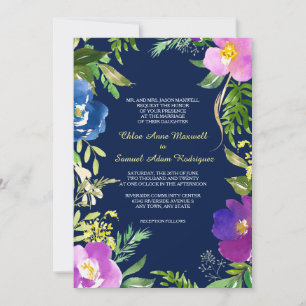 Blaue Wiolet Moderne Blumenhochzeit Einladung