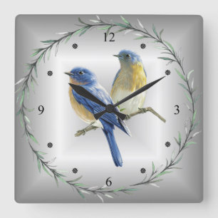 Blaue &Yellow Vögel grünen Blatt-Ring Quadratische Wanduhr
