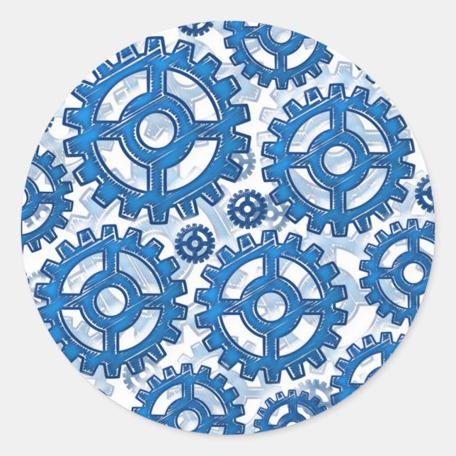 Blaue Zahnräder Runder Aufkleber (Vorderseite)