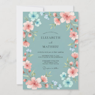 Blaue zarte florale romantische Hochzeit Einladung