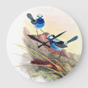 Blaue Zaunkönig-Vogel-Tier-Tier-Blumen Große Wanduhr