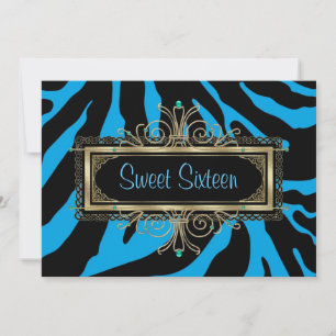 Blaue Zebra Schwarz Gold Sweet Sixteen Geburtstag Einladung