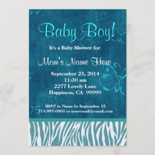 Blaue Zebra-und Schmetterlings-Jungen-Babyparty Einladung