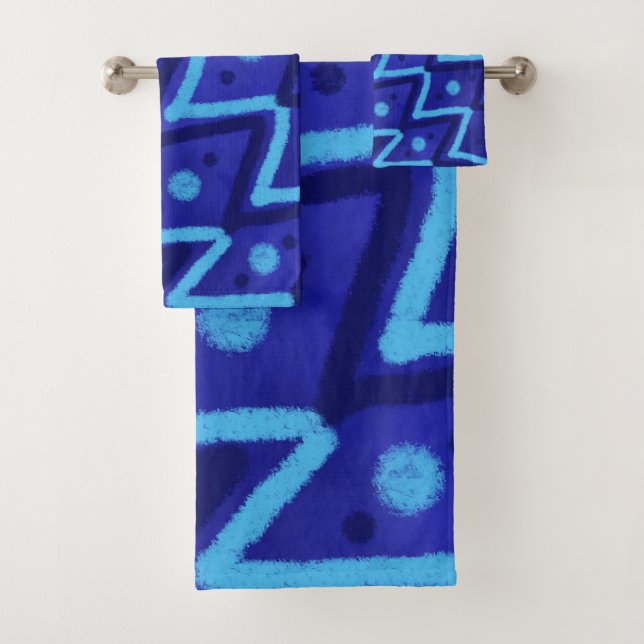Blaue Zick-Zack-Punkte Funky-Muster  Badhandtuch Set (Insitu)