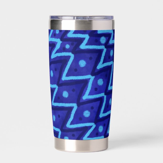 Blaue Zick-Zack-Punkte-Funky-Muster  Thermobecher (Rückseite)