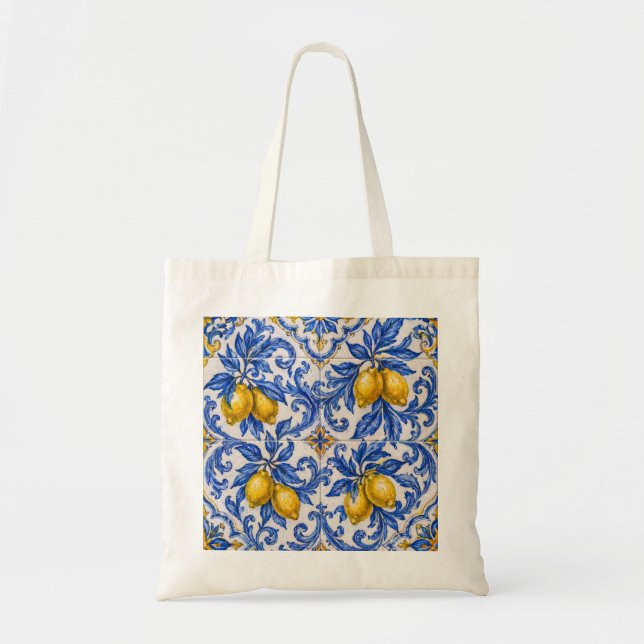 Blaue Zitronen-Azulejo-Fliese Tragetasche (Vorne)