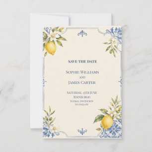 Blaue Zitronen-Botanische-Hochzeits-Einladung zum  Save The Date