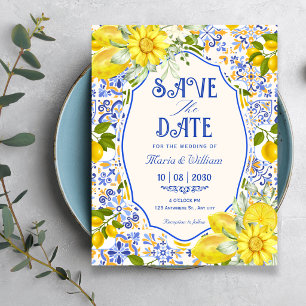 Blaue Zitronenfliesen-Muster-Kunst-Hochzeit Save The Date
