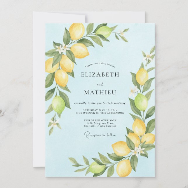 Blaue Zitrus-Eukalyptus-Hochzeit Einladung (Vorderseite)