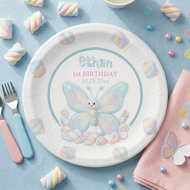 Blaue Zuckerwatte Schmetterling Geburtstag Pappteller (Blue Butterfly Birthday Paper Plate)