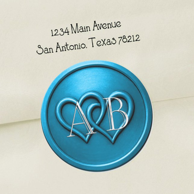 Blaue Zwei-Herzen-Silber-Monogramm-Hochzeit Runder Aufkleber (Von Creator hochgeladen)