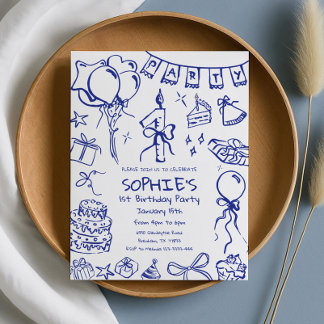Blauer 1. Geburtstag Einladung, Handzeichnung Gebu Einladung