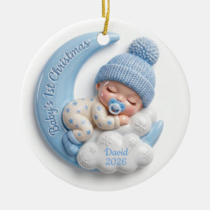 Blauer 3D-Mond schlafender Babyjunge 1. Weihnachte Keramik Ornament