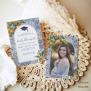 Blauer Abschluss Einladung Foto auf der Rückseite