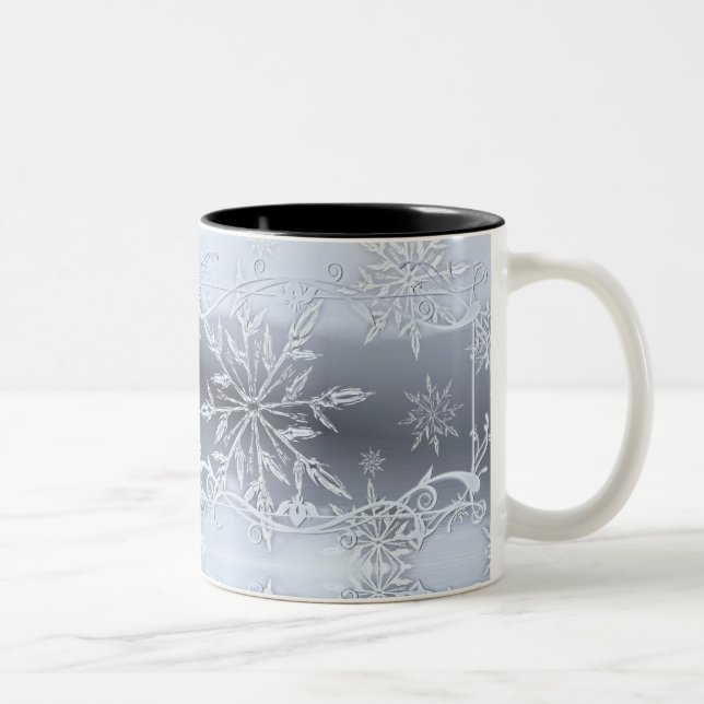 Blauer Abstrakter Schneeflocken Zweifarbige Tasse (Rechts)